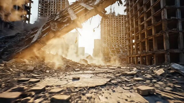 Apocalyptic Cityscape with Collapsed Buildings and Destroyed Vehicles.