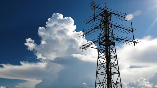Radio tower silhouette against a bright blue sky with fluffy white clouds and sunlight during daytime