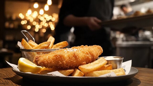 Crispy golden fish and chips served with lemon and sauce in a lively kitchen scene