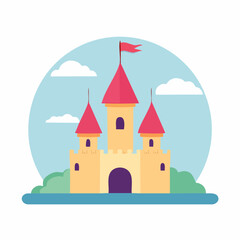 Fototapeta premium Cartoon Castle with Red Towers and Flag