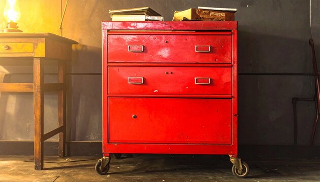 A worn red metal tool chest with drawers and wheels stands in a rustic workshop, symbolizing craftsmanship, organization, and utility, surrounded by warm lantern light.