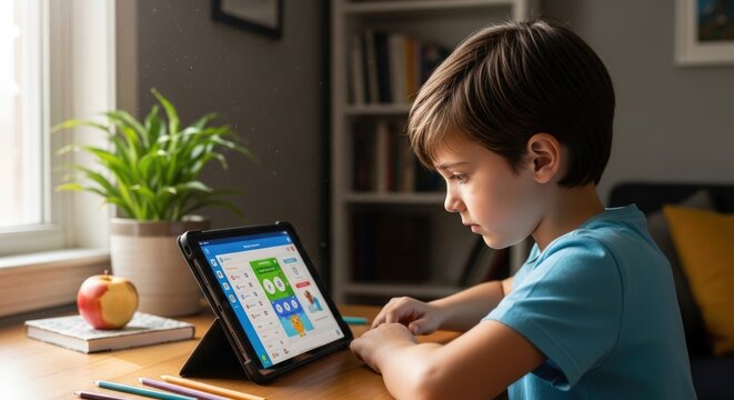 Focused elementary school student actively engaging with digital education on a tablet device, homeschooling, modern childhood development, skill acquisition, screen time