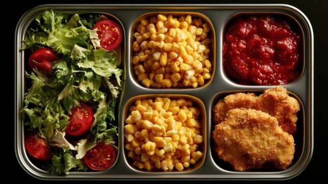 Healthy meal tray with salad, corn, dipping sauce, and chicken nuggets served on a metal tray at lunchtime