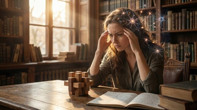 Woman deeply thinking, neuron signal transmission, synapse communication, cognitive process, serotonin dopamine oxytocin hormone, neural mechanism, internal brain function, mental activity.