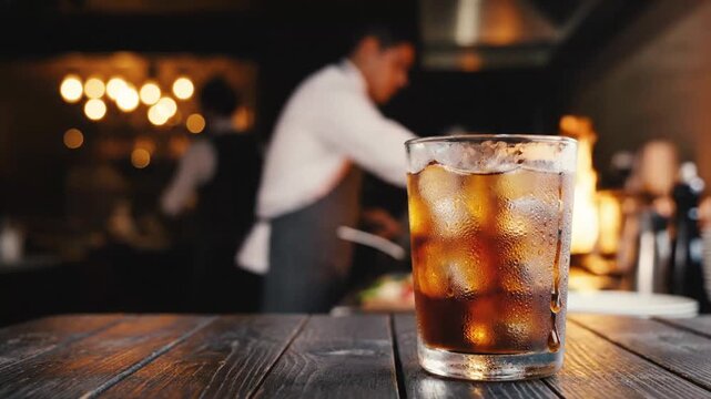 Refreshing glass of cola with ice served on a rustic wooden table in a cozy bar setting capturing the inviting ambient lighting