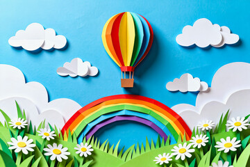 Obraz premium A top-down paper craft illustration featuring a rainbow hot air balloon over a floral meadow, rainbow, clouds and bright blue sky.