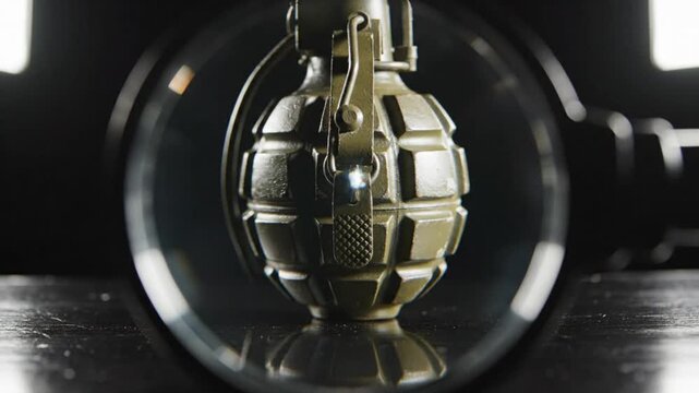 Hand grenade through a magnifying glass reveals a dangerous weapon on a dark surface.