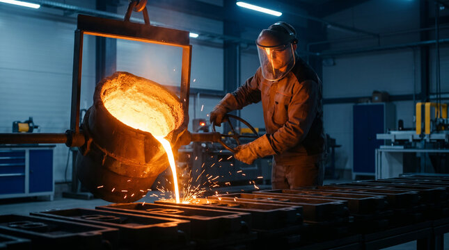 Steel foundry worker in full protective face shield and flame-retardant coveralls guiding a ladle of liquid metal above a row of ingot molds
