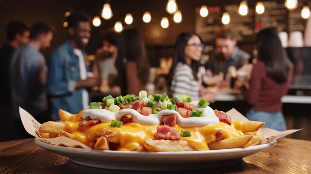 Vibrant multi-people social gathering with delicious loaded nachos in a cozy restaurant setting
