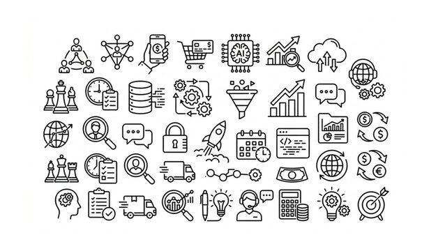 Professional monoline business icons set with AI SEO payment network teamwork and computing editable stroke vector