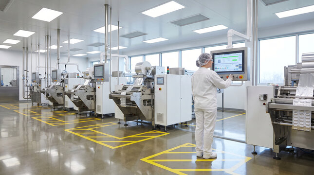 A row of pharmaceutical packaging machines sealing foil over white pill blister packs in a modern sterile facility, yellow safety markings o