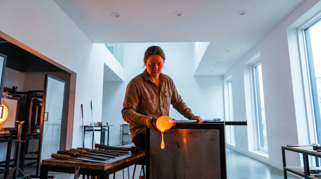 Molten glass gob dropping from a blowpipe onto a marver table in a professional glass studio, reflected orange glow illuminating the glassbl