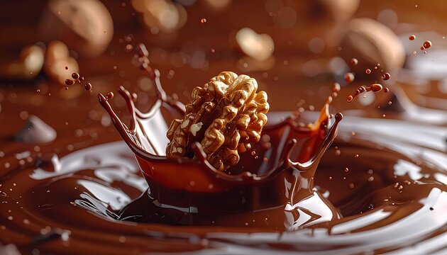A walnut splashing into chocolate