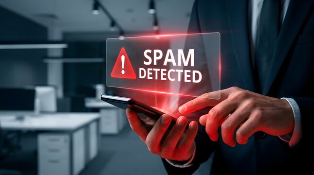 Businessman holding smartphone with red spam detected warning hologram, symbolizing cybersecurity, phishing protection and scam alert