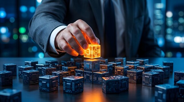 Corporate professional arranging a bright orange tech cube among dark blocks, symbolizing unique business solutions, leadership and artificial intelligence