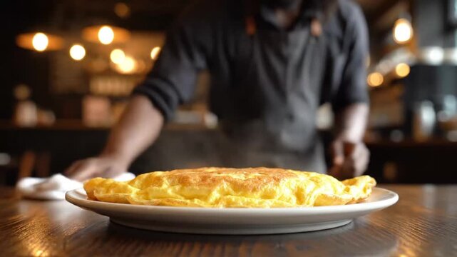 Delicious freshly prepared omelette served on a white plate in a cozy restaurant setting with blurred background of a chef at work