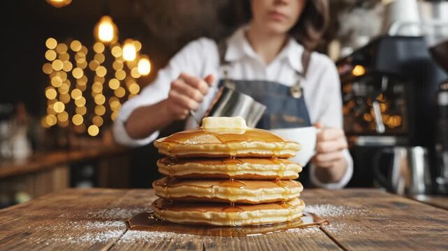 Delicious stack of golden pancakes being topped with butter and drizzled with syrup in cozy cafe setting