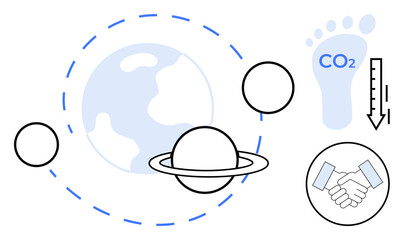 Environmental awareness, carbon neutrality, climate change action, sustainability goals, green initiatives, global responsibility. Earth and Saturn with CO2 footprint and handshake. Environmental © robu_s