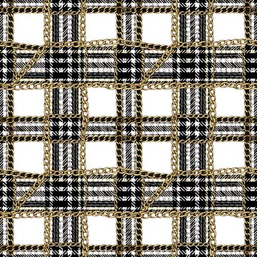 Seamless gold chain overlay on black and white plaid pattern