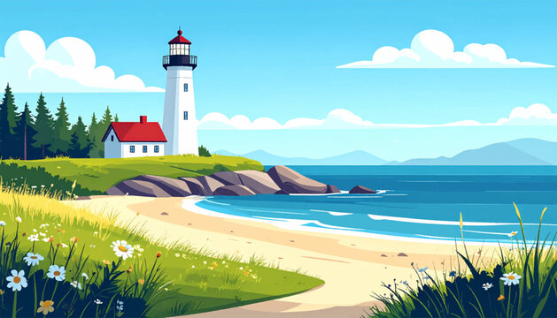 Wide sandy shore beneath lighthouse with waves and coastal flowers. Open ocean vector landscape for seaside posters and travel designs. Minimal summer beach scene featuring tower grass rocks