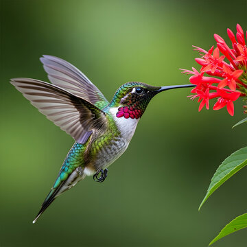 A vibrant ruby throated hummingbird hovers midair while extending its long beak to feed on a bright red flower cluster