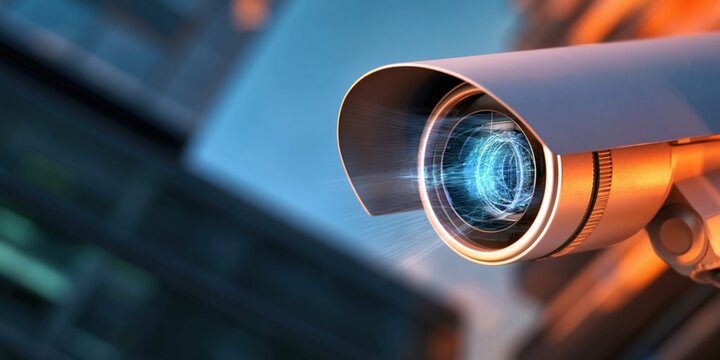 Close-up of a modern CCTV security camera with a futuristic digital lens in a city