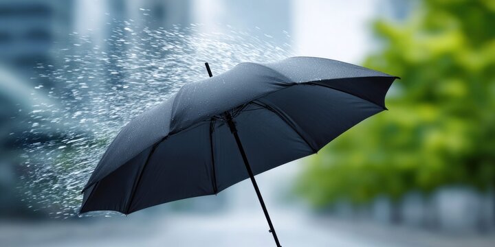 Black umbrella struggling against a strong gust of wind and heavy rain outdoors