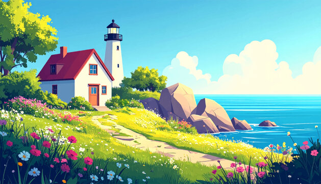 Coastal house garden with lighthouse rocks and bright ocean. Summer home vector for beach rental marketing and travel posters. Flower filled seaside yard facing turquoise water and cliffs