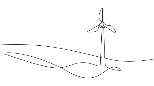 Self drawing animation of continuous line wind turbine alternative energy. Animated one line drawn concept of ecology