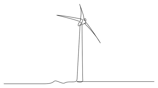 Self drawing animation of continuous line wind turbine alternative energy. Animated one line drawn concept of ecology