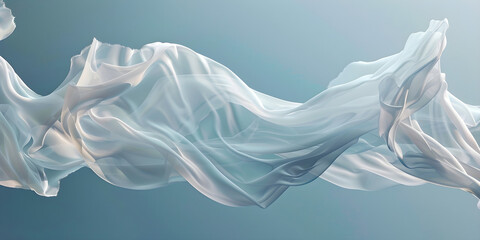 Floating sheer white fabric draped in soft, flowing waves against a gradient sky background.