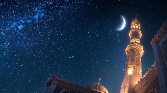 Mosque stands in moonlit. The peaceful ambience highlights the serene atmosphere of the Prophet&rsquo;s Mosque, one of the holiest sites in Islam.