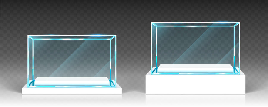 Glass showcase, display, exhibit transparent boxes