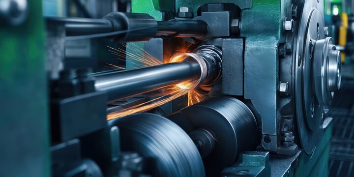 Industrial wire drawing machine continuously reducing steel rod with sparks flying