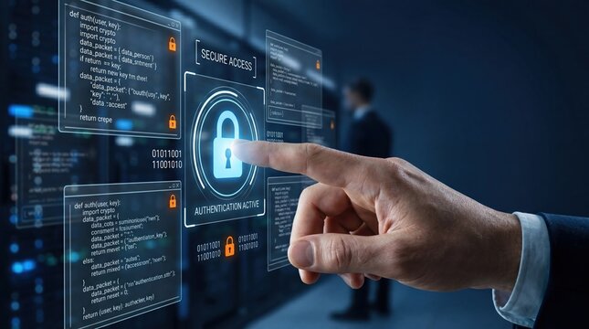 Futuristic digital interface showing secure access authentication with biometric lock, user touching screen for identity verification and data protection in modern technology