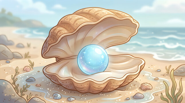 Open seashell with pearl inside on sandy beach illustration