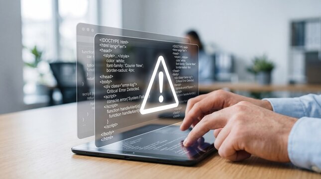 Programmer fixing critical system error on tablet, coding interface with warning sign, software development and debugging concept