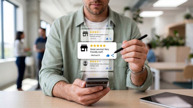 Man checking five star customer reviews on smartphone, online feedback and reputation management concept in office