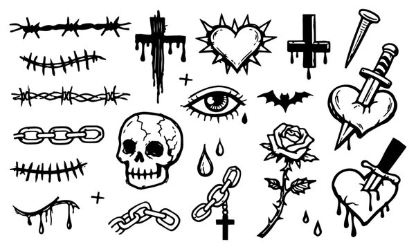 Grunge Tattoo Flash Collection with Barbed Wire, Skulls, Bleeding Hearts and Punk Aesthetic Symbols