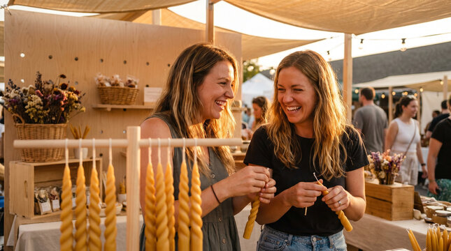 Two women in their thirties assembling hand-dipped beeswax taper candles side by side at an open-air weekend market stall, their laughing co 2