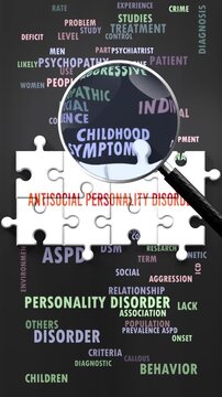 Antisocial Personality Disorder under magnifying glass, being researched, studied and examined. Most important subjects and ideas closely related to antisocial personality disorder written around a pu