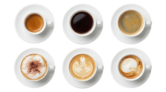 Top View Collection of Coffee Cups with Different Styles Isolated on Transparent Background