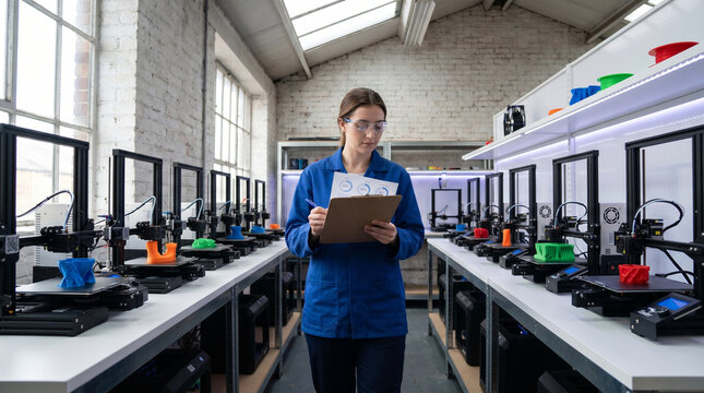 A 3D printing farm inside a converted warehouse workshop, twelve desktop printers running simultaneously, each producing a different prototy 2