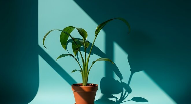 Bird of Paradise plant in a terracotta pot against a blue wall. Tropical indoor gardening and modern style. Strelitzia regalia houseplant casting a geometric shadow in sunlight
