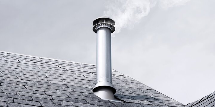 Silver vent pipe on a shingled roof with smoke escaping into the sky