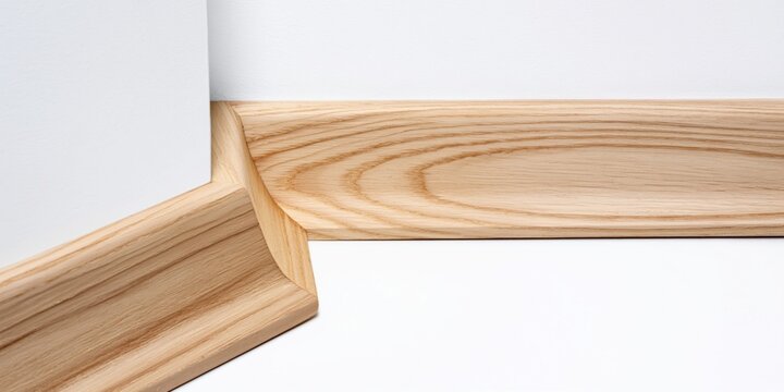 Natural unpainted wooden skirting board detail against a white wall