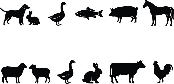 Farm and domestic animal silhouettes set featuring dog rabbit duck fish pig horse sheep cow rooster vector isolated