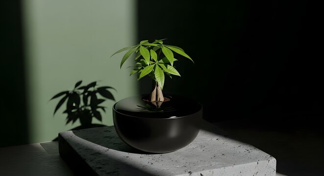 Pachira aquatica money tree in a black bowl on stone. Prosperity and interior landscaping. Miniature tree growing in a sleek black pot with dramatic side lighting and shadows