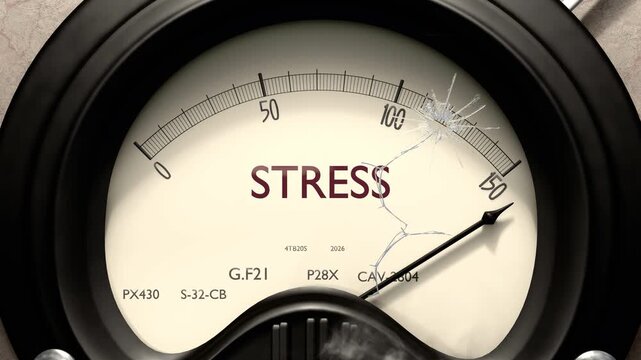 Stress meter showing big levels of stress. Dangerously increasing high values of stress, critical overload. Too much, off the charts. Max stress