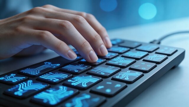 Hands typing on futuristic keyboard